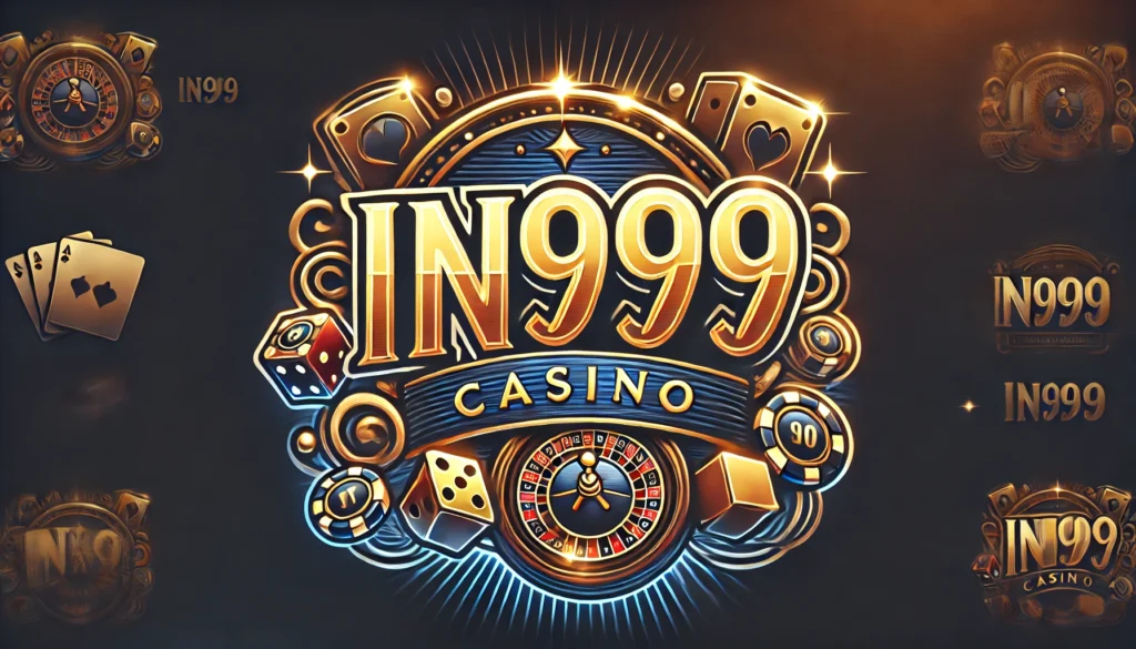 The image features a casino-style logo with the text "IN999" in bold, using a mix of gold and blue colors. The background is dark and luxurious, designed with glowing casino elements such as poker chips, dice, a roulette wheel, and neon-style lighting. The font is stylish and eye-catching, resembling classic casino signage with a bright, illuminated effect. The overall design gives a sleek, professional, and exciting feel.